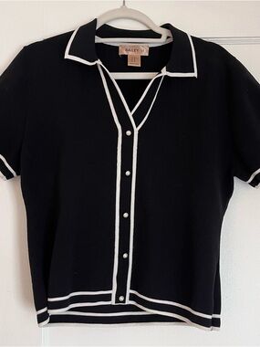 Black Knit Polo with White Trim and Pearl Buttons